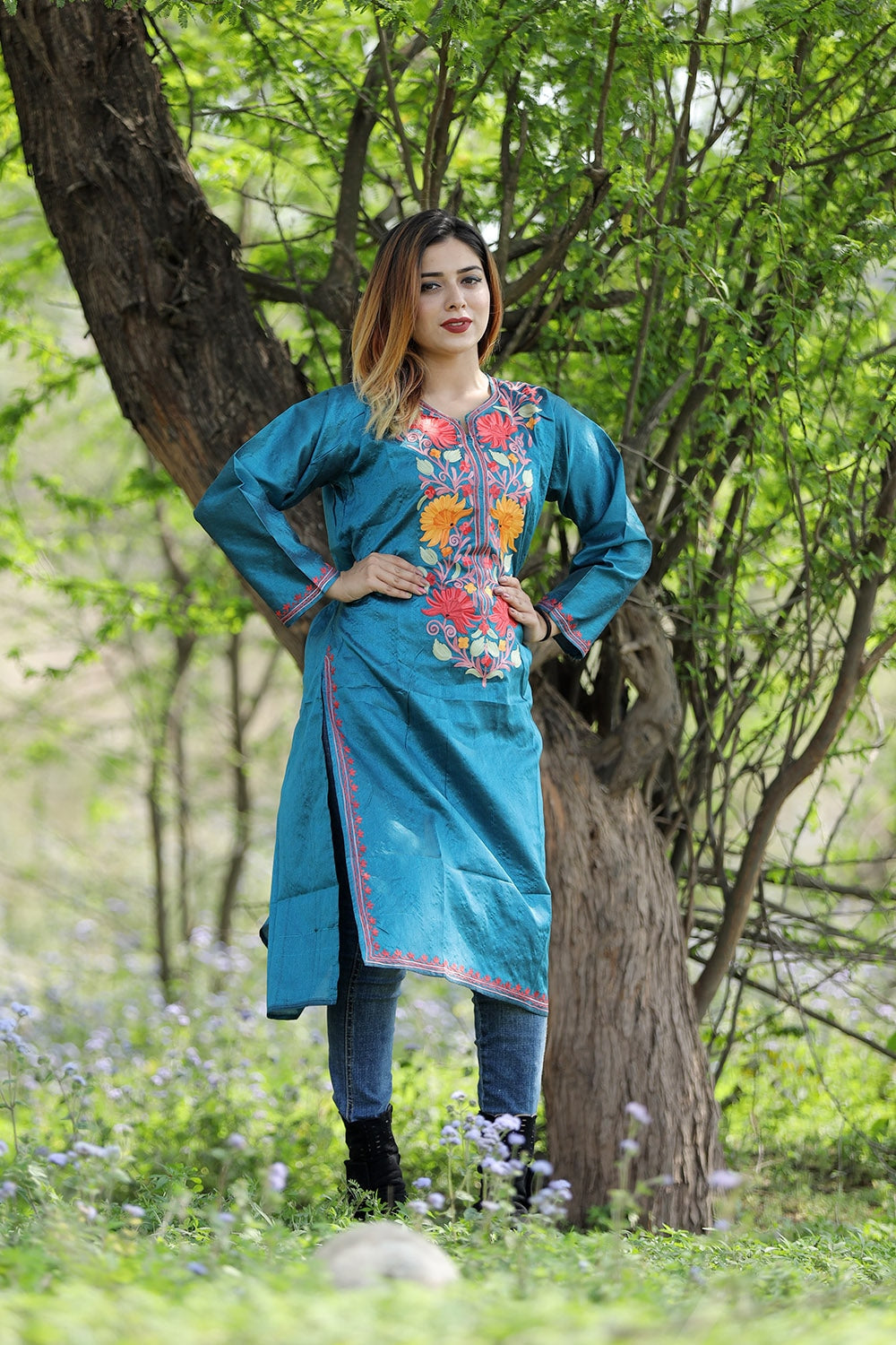 Cool Blue Colour Rayon Silk Kurti With Beautiful Aari