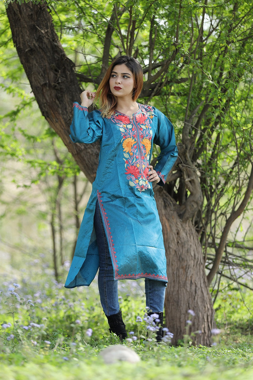 Cool Blue Colour Rayon Silk Kurti With Beautiful Aari