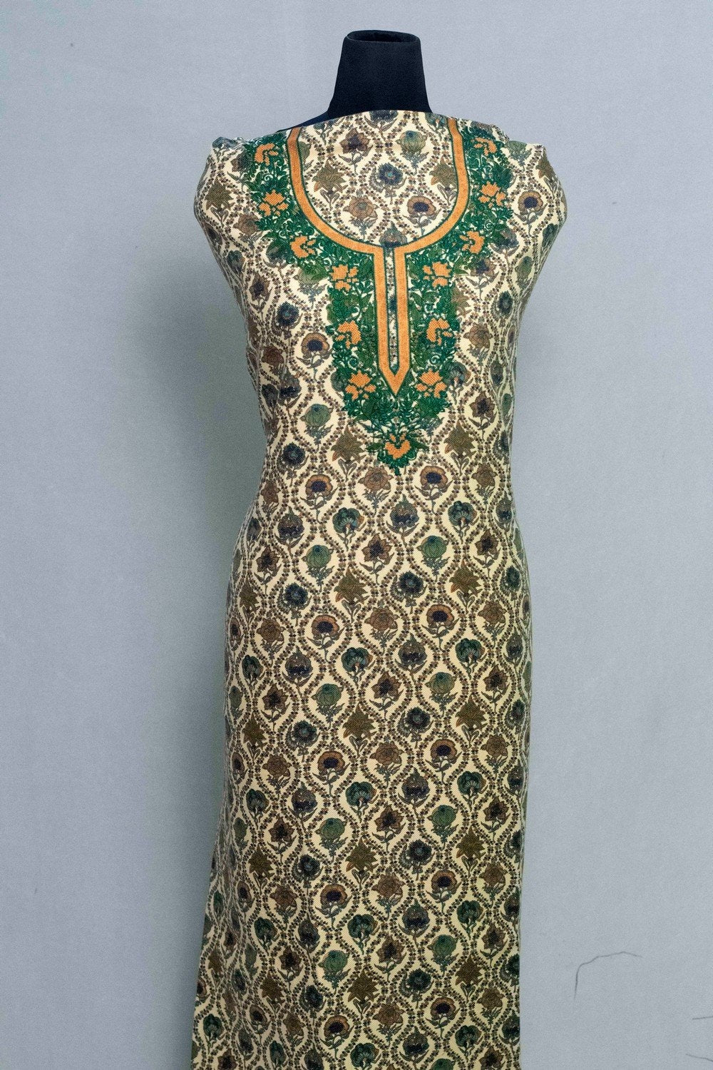 Cream Colour Woolen Kani Printed Suit With Neck And Over