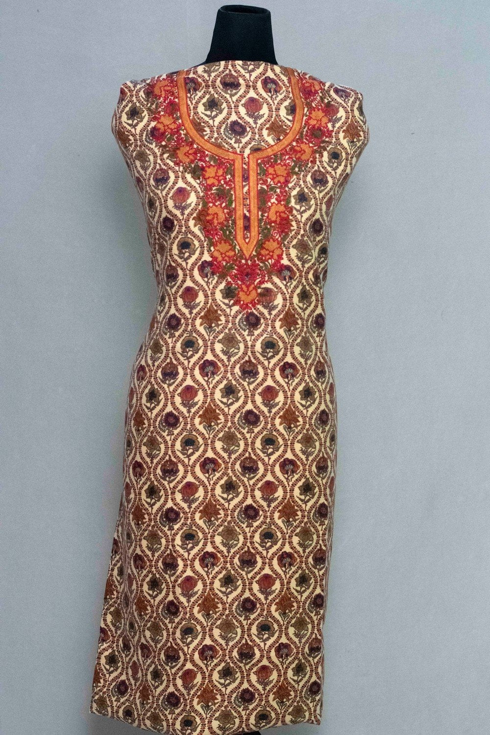 Cream Colour Woolen Kani Printed Suit With Neck And Over