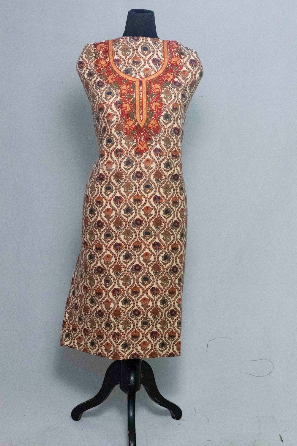 Cream Colour Woolen Kani Printed Suit With Neck And Over