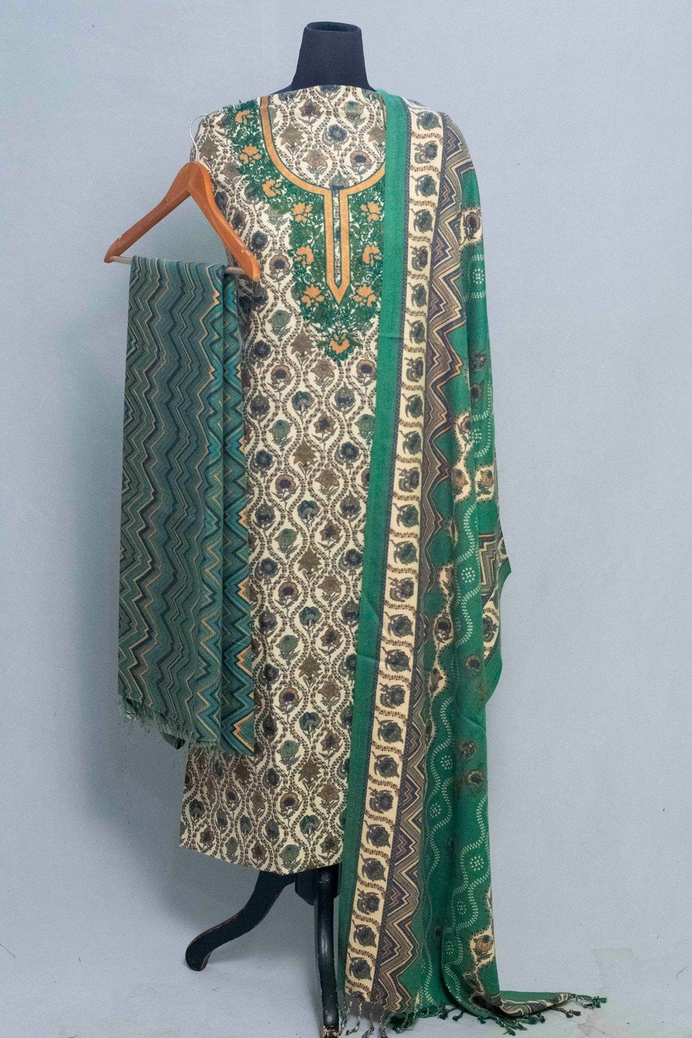 Cream Colour Woolen Kani Printed Suit With Neck And Over