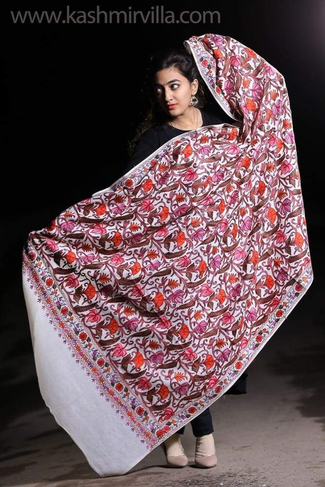 Creamy White Kashmiri Shawl With multi Coloured Kashida