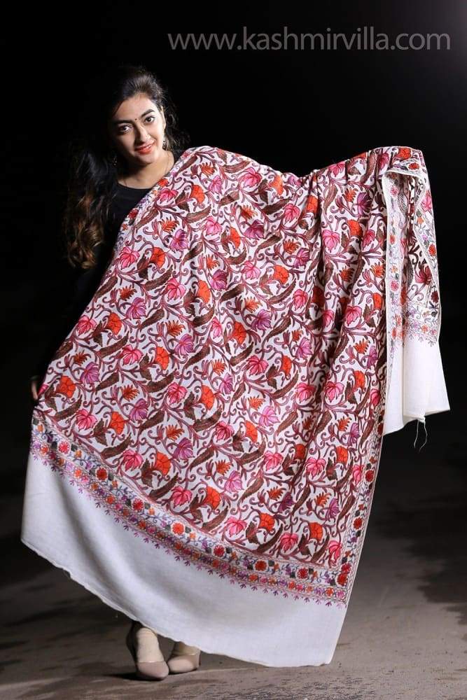 Creamy White Kashmiri Shawl With multi Coloured Kashida
