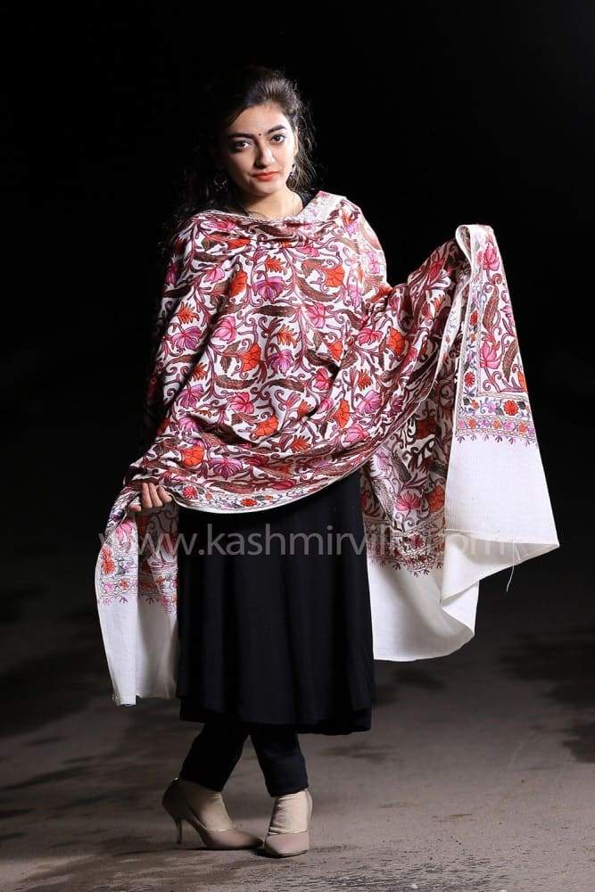 Creamy White Kashmiri Shawl With multi Coloured Kashida