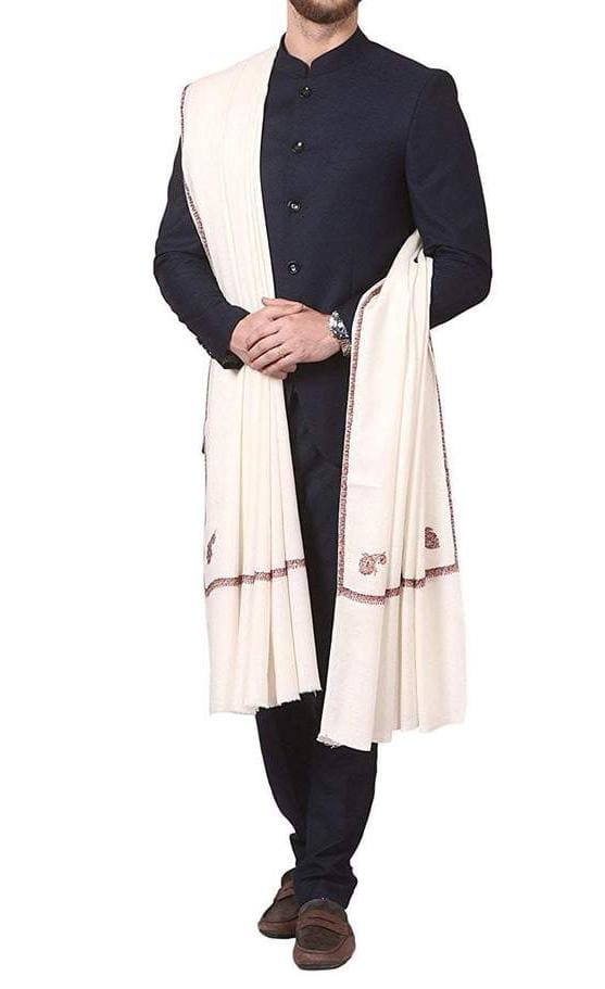 Creamy White Kashmiri Sozni Needle Work Gents Shawl