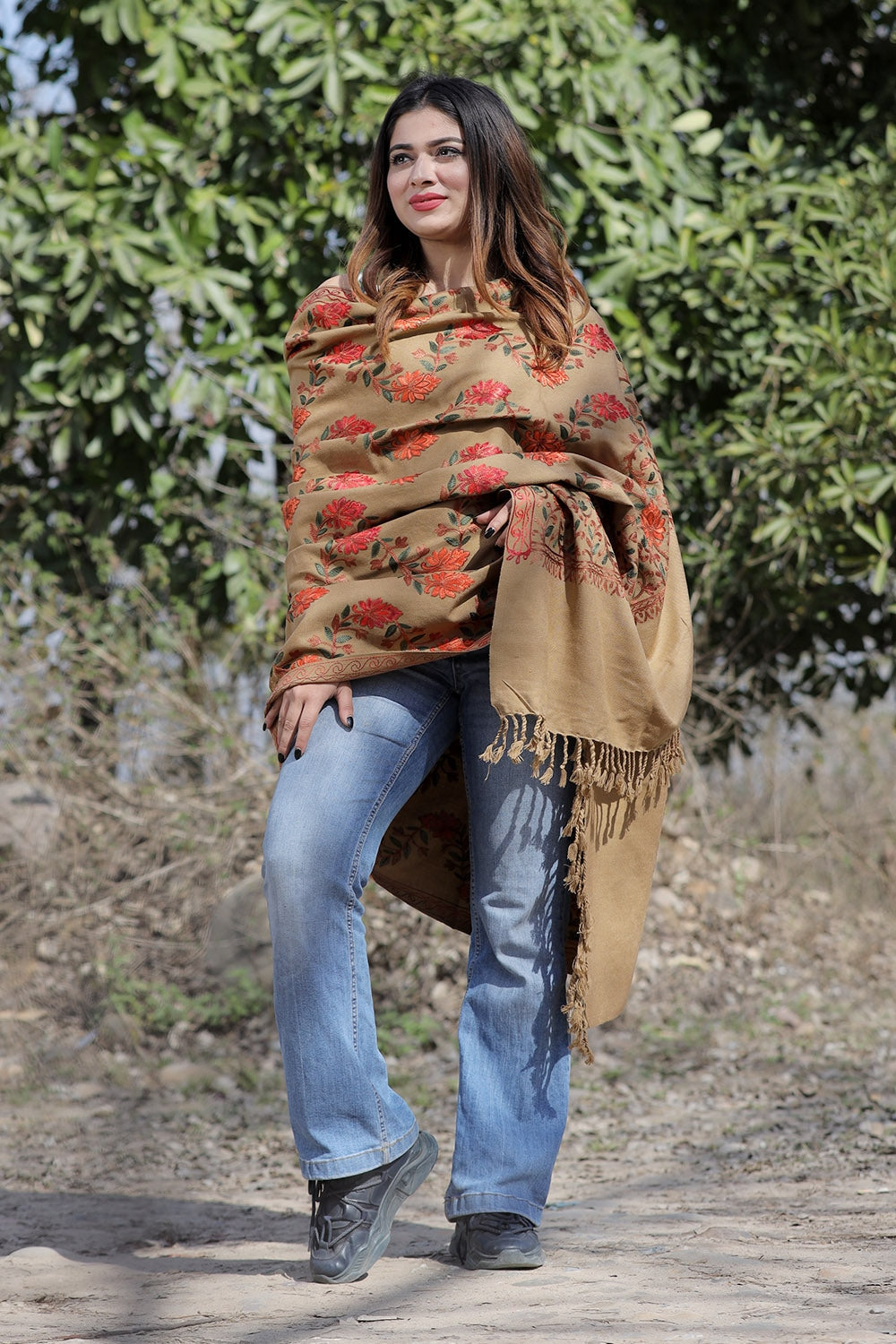 Dark Beige Color Aari Work Embroidered Shawl Enriched