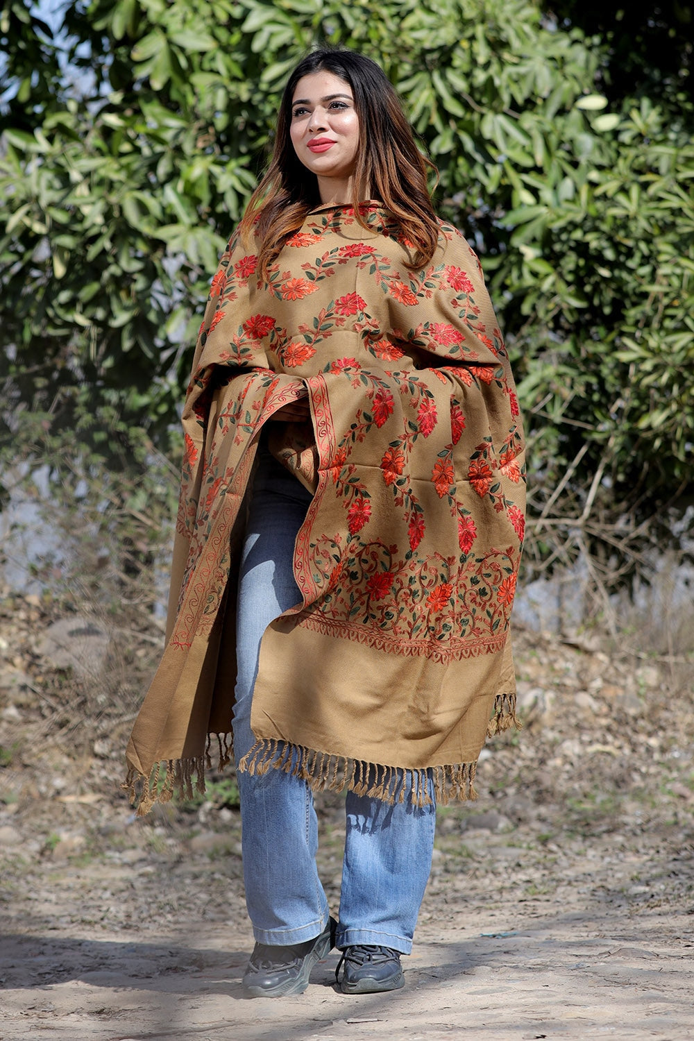 Dark Beige Color Aari Work Embroidered Shawl Enriched