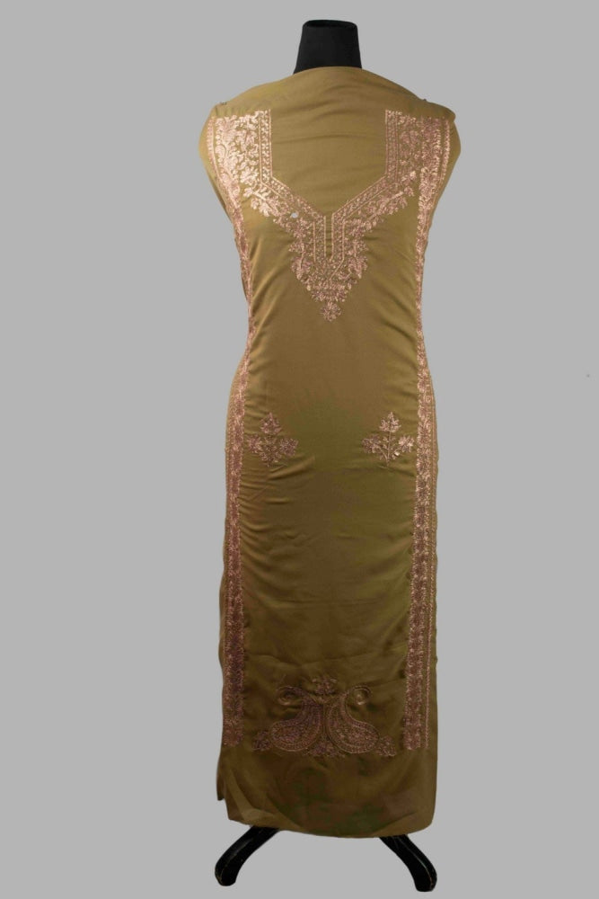 Dark Beige Colour Kashmiri Tilla Aari Work Salwar Kameez