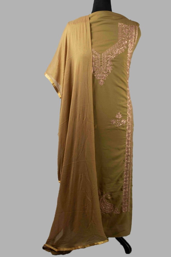 Dark Beige Colour Kashmiri Tilla Aari Work Salwar Kameez