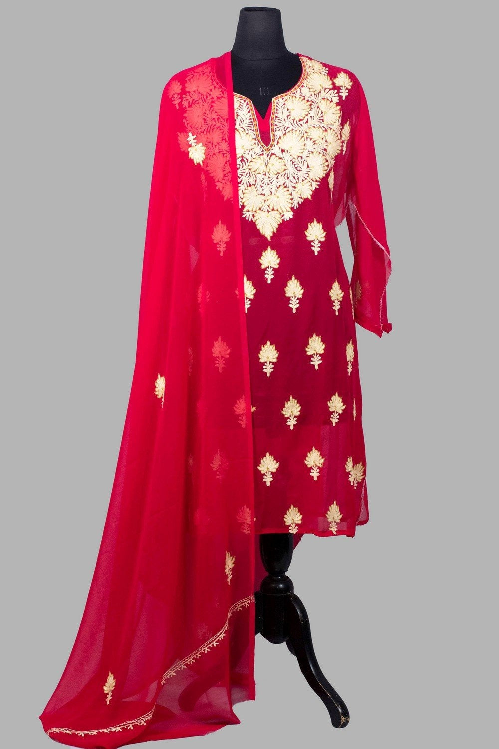 Dark Pink Colour Aari Work Kurti With Golden Thread
