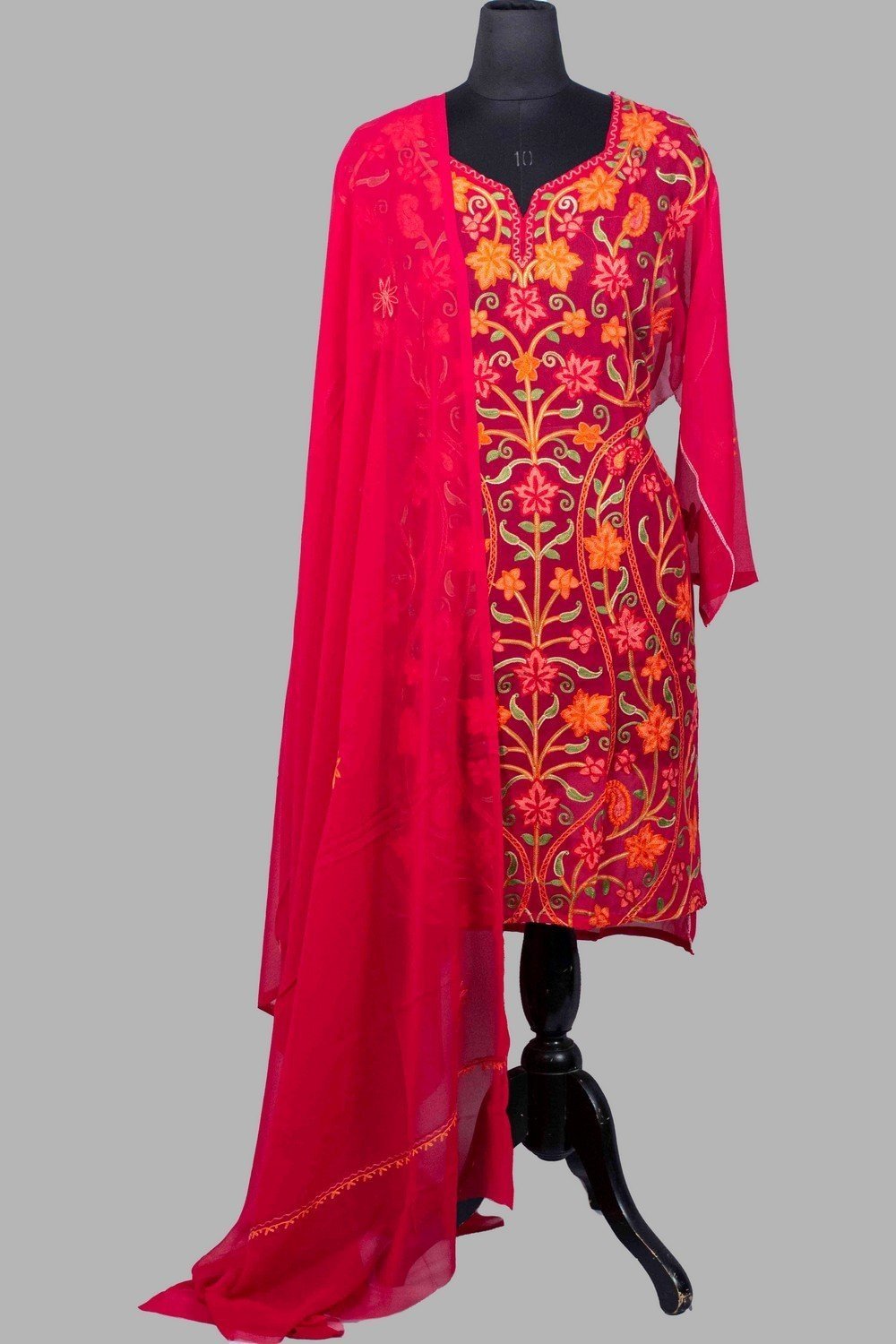 Dark Pink Colour Aari Work Neck Kurti With Thread
