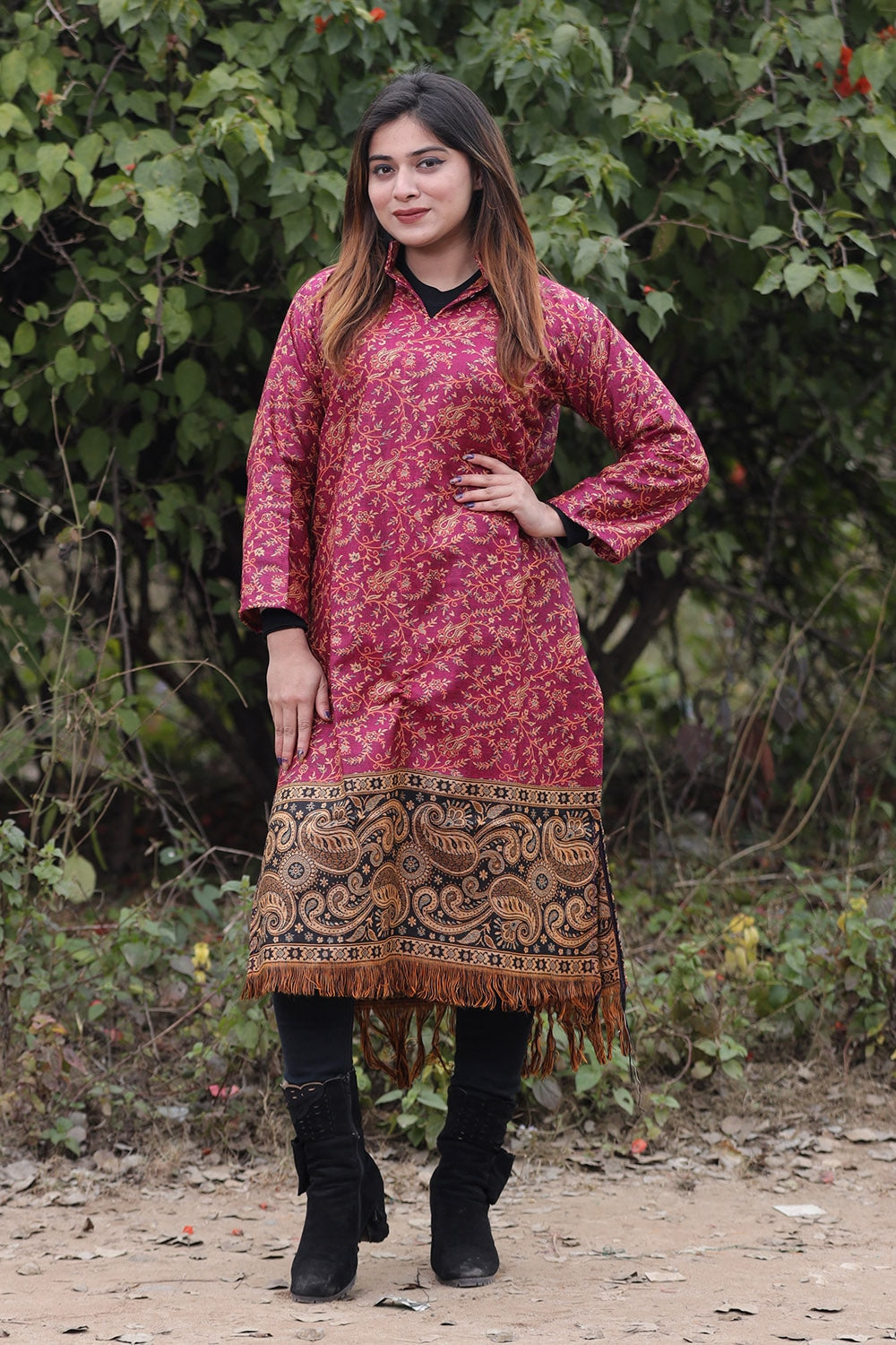 Dark Pink COLOUR KASHMIRI WOVEN KURTA WITH NEW DESIGNER