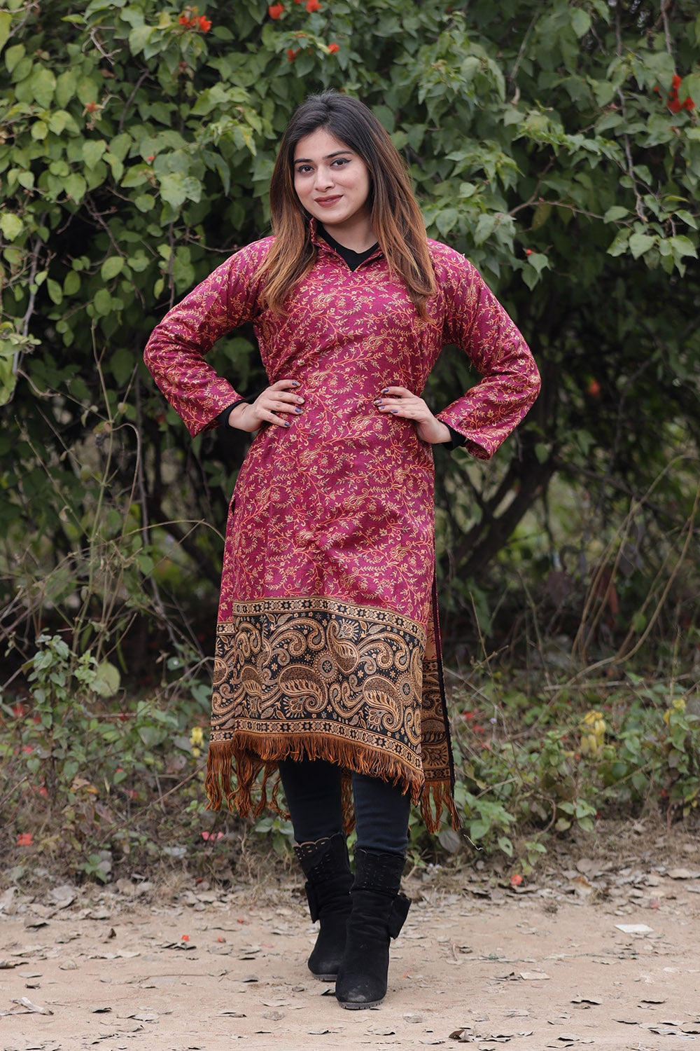 Dark Pink COLOUR KASHMIRI WOVEN KURTA WITH NEW DESIGNER