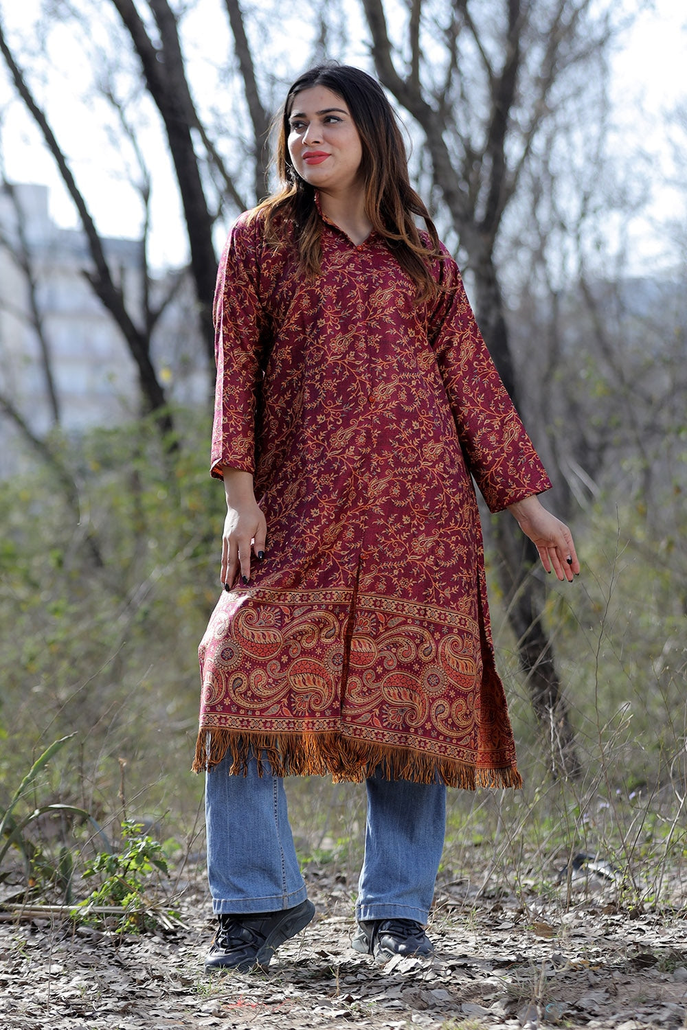 Dark Pink Color Kashmiri Woven Sherwani With Paisleys