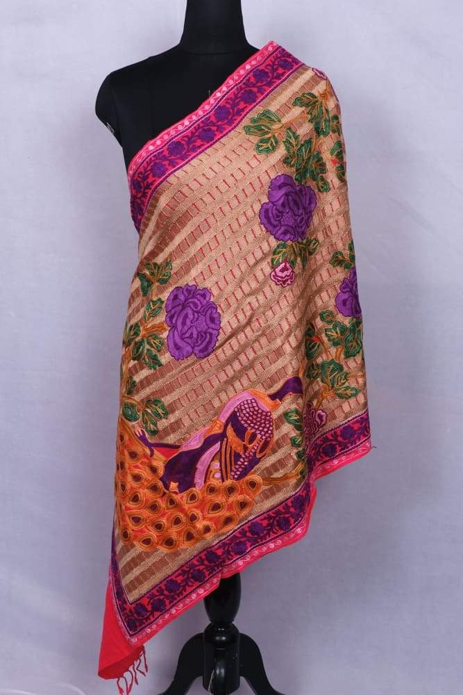 Dark Pink Colour Stole With Kashmiri Peacock Embroidery