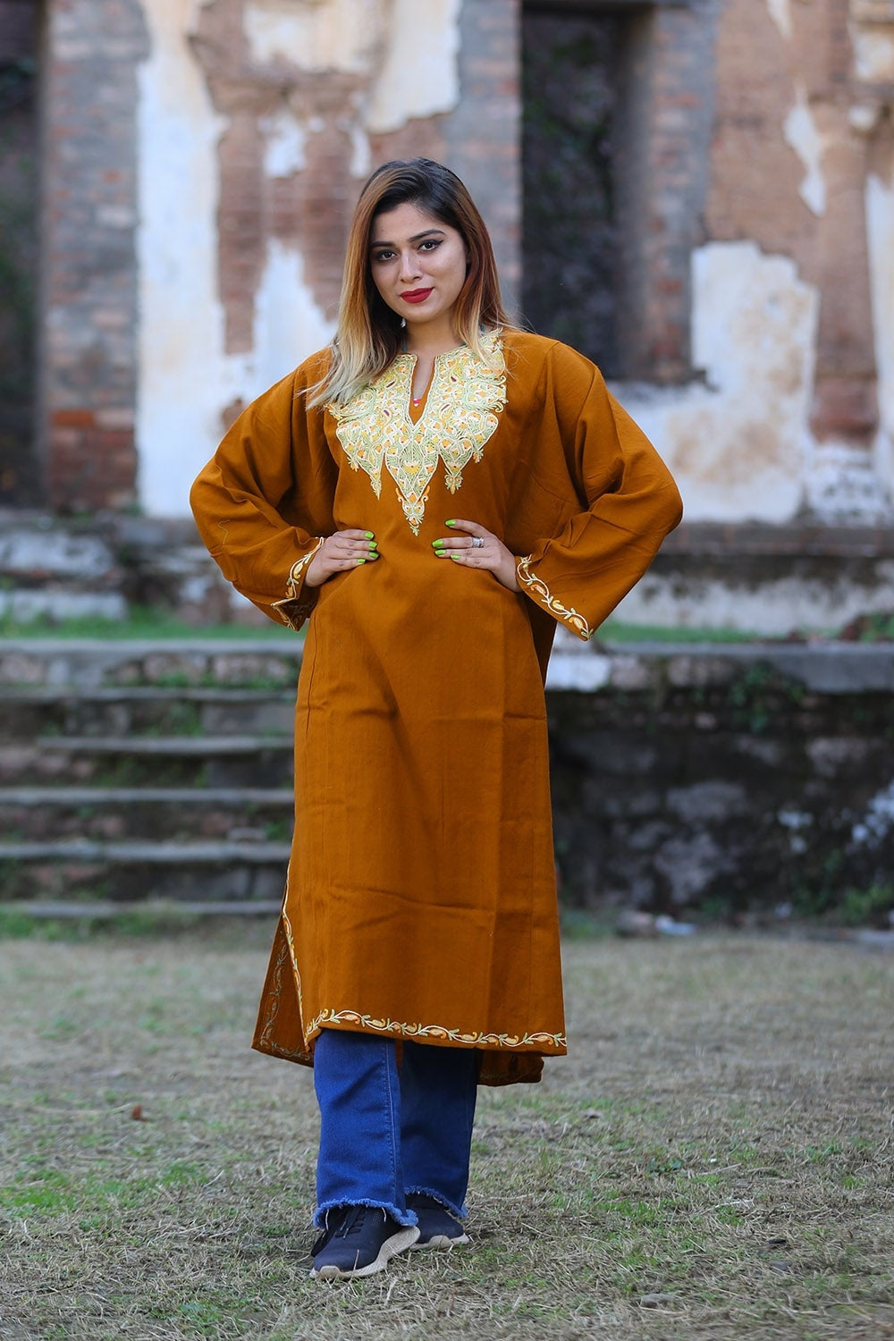 Darken Kashmiri Mustard Color Phiran Embellished