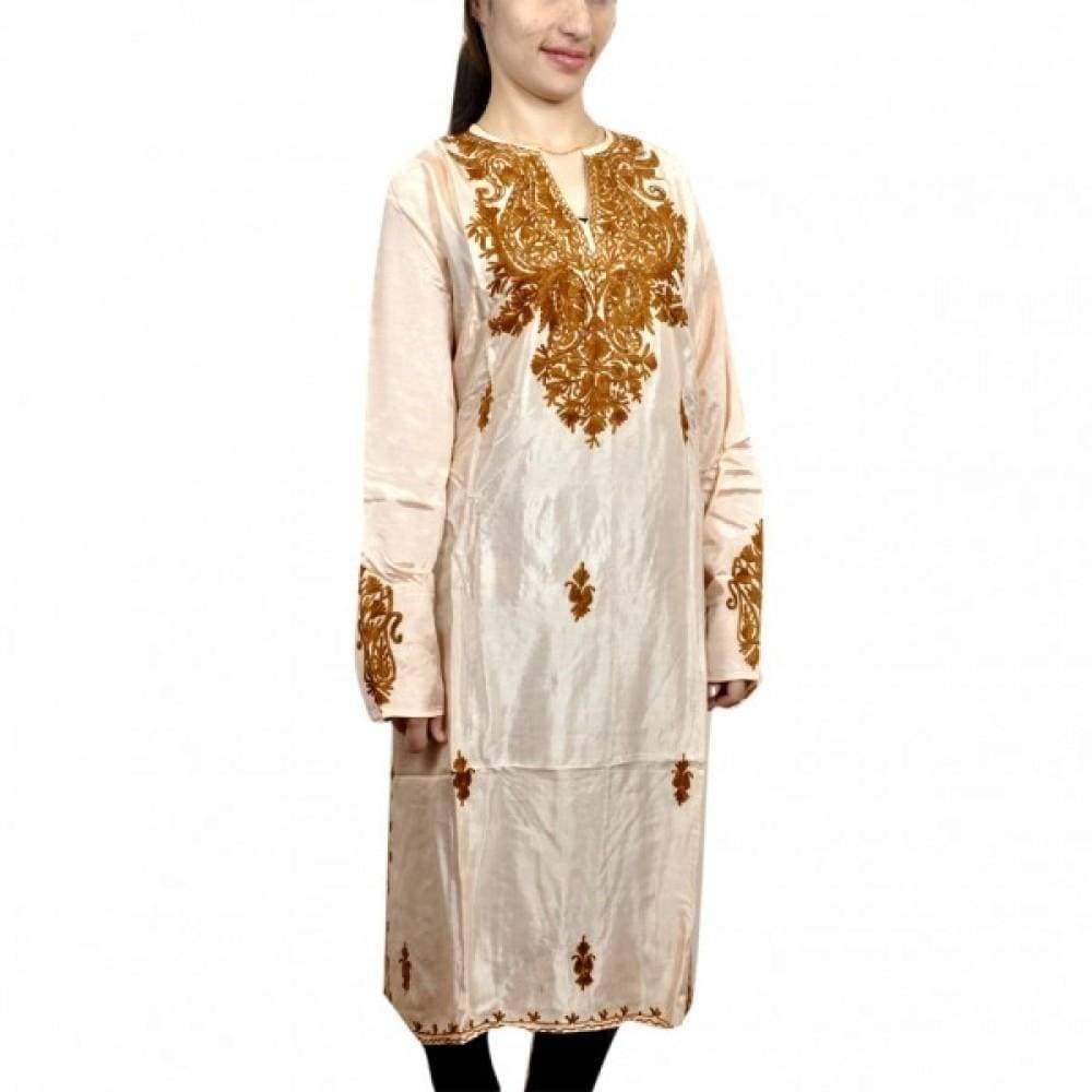 Delightful Peach Aari Work Kurti With Blooming Rust Neckline