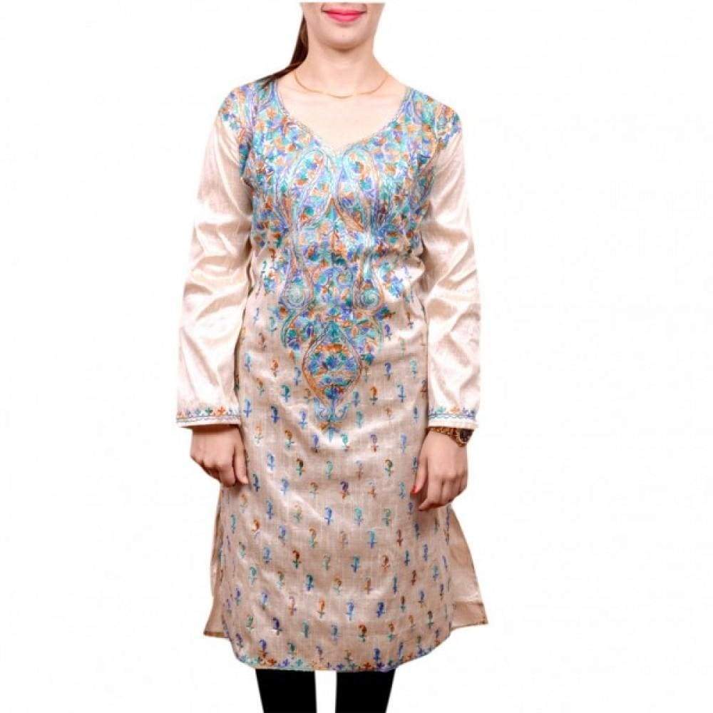 Ecru Beige Color Kashmiri Aari Work Embroidered Kurti