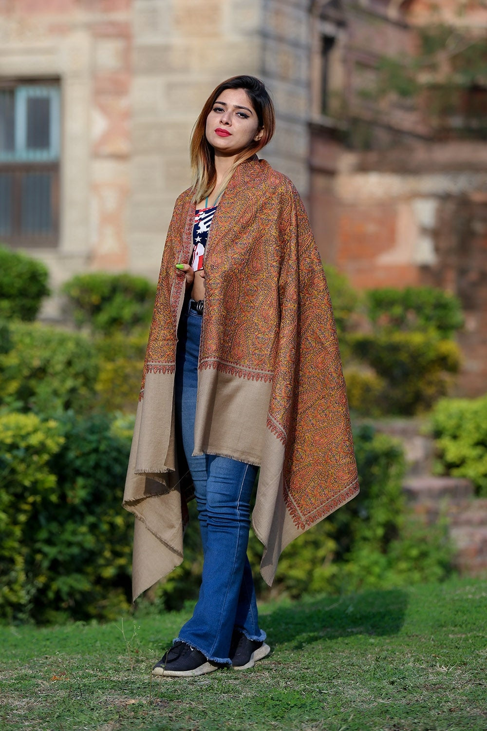 Elegant Accrue Beige Color Embroidered Sozni Shawl Enriched