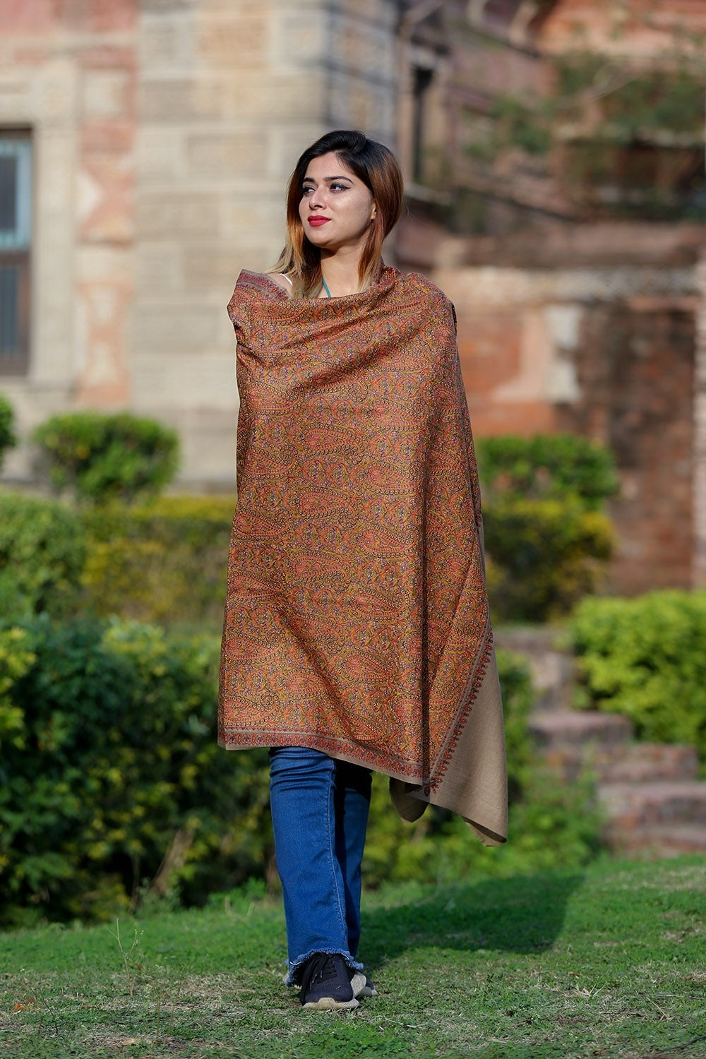 Elegant Accrue Beige Color Embroidered Sozni Shawl Enriched