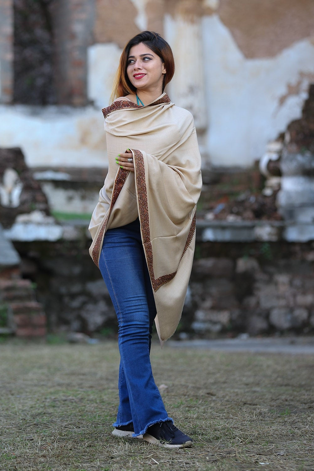 Elegant Accrue Beige Colour Semi Pashmina Sozni Shawl