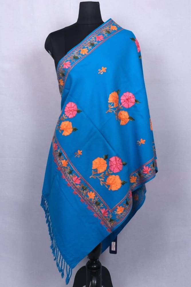 Elegant Azure Blue Colour Kashmiri Aari Work Stole Enriched