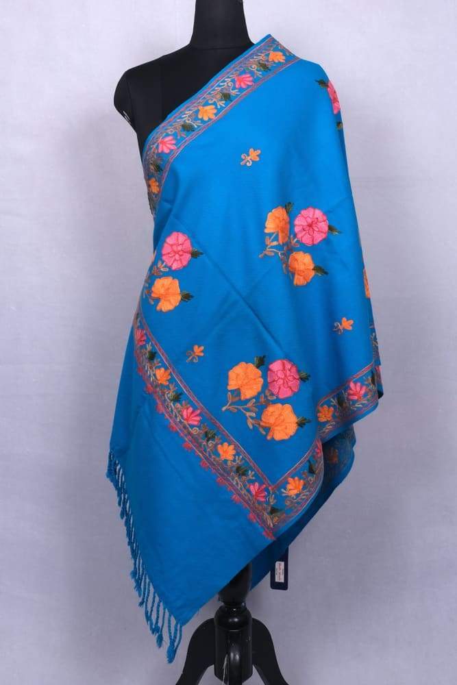 Elegant Azure Blue Colour Kashmiri Aari Work Stole Enriched