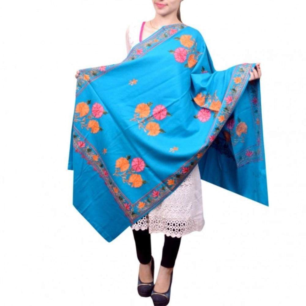 Elegant Azure Blue Colour Kashmiri Aari Work Stole Enriched