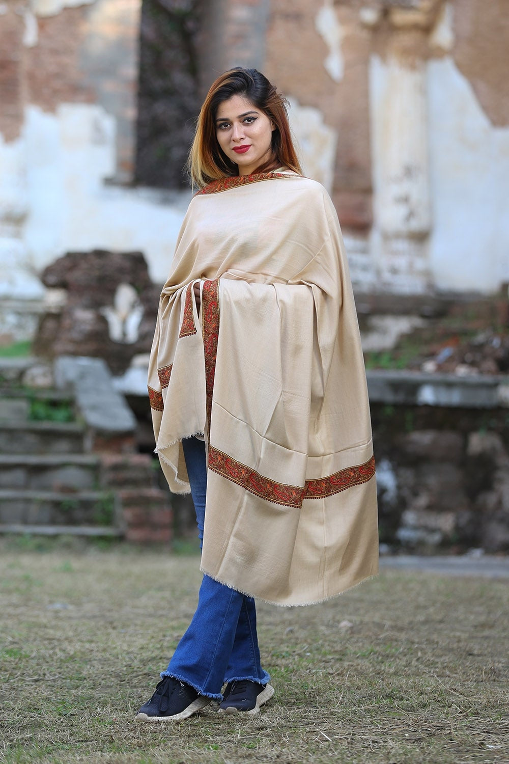 Elegant Beige Colour Semi Pashmina Sozni Shawl