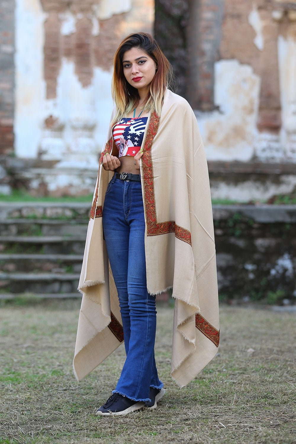 Elegant Beige Colour Semi Pashmina Sozni Shawl