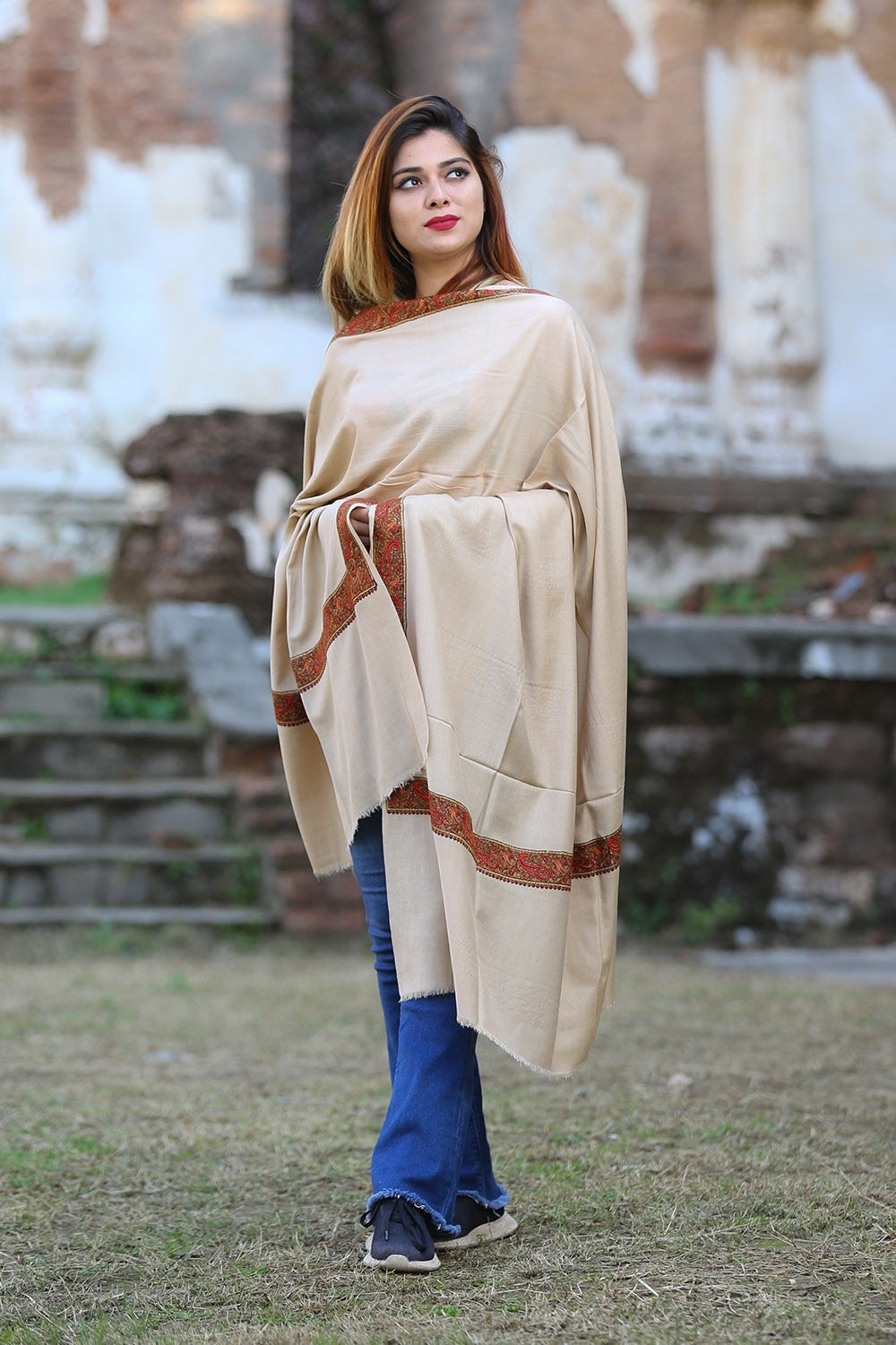 Elegant Beige Colour Semi Pashmina Sozni Shawl