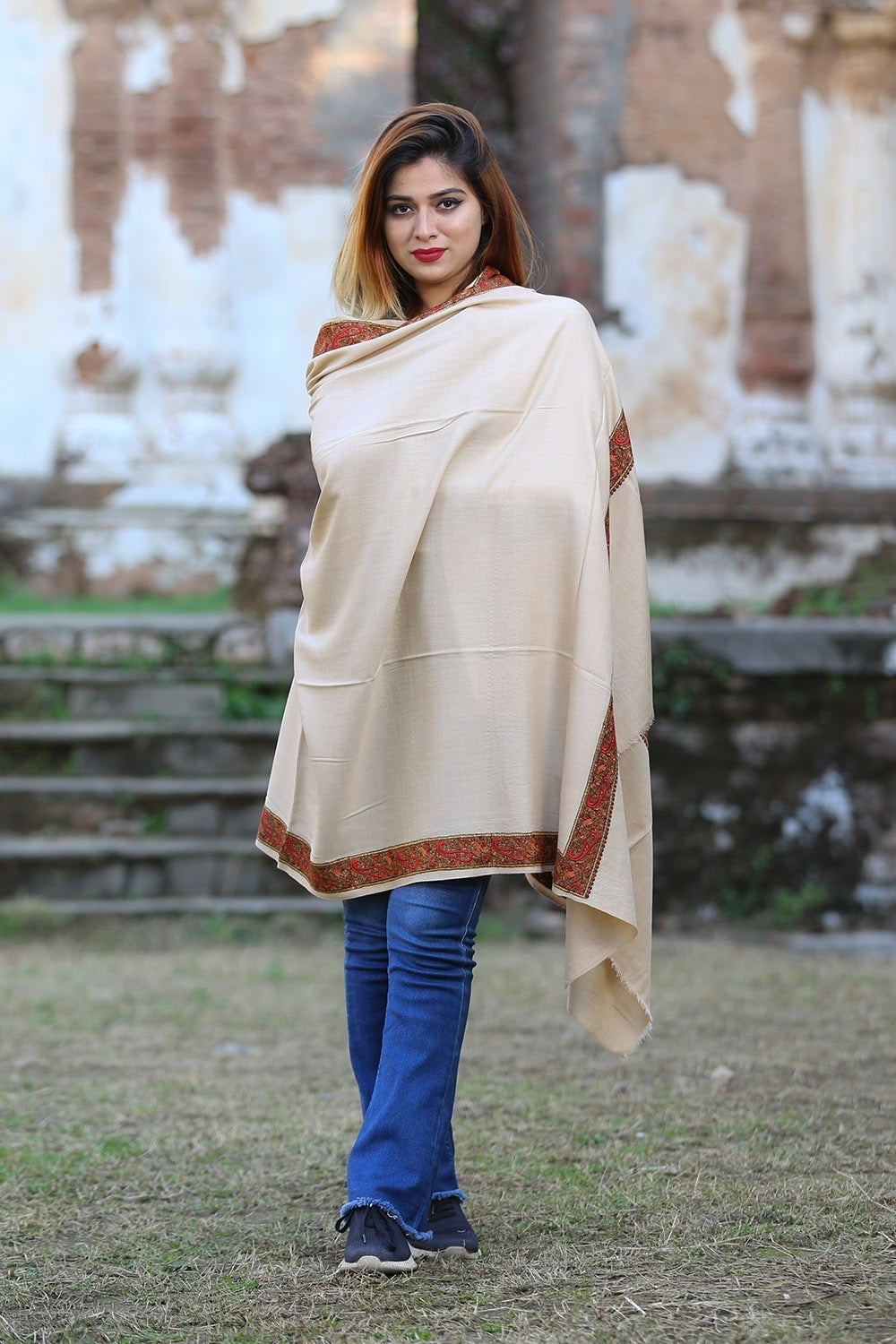 Elegant Beige Colour Semi Pashmina Sozni Shawl