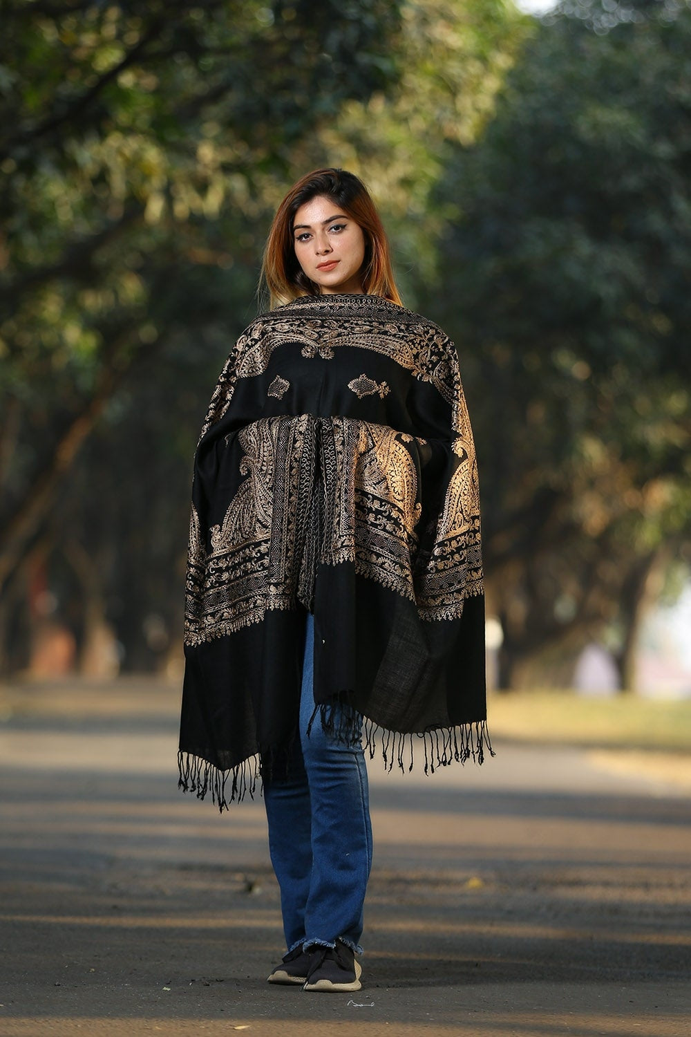 ELEGANT BLACK COLOUR KASHMIRI STOLE WITH CLASSY SWAROVSKI