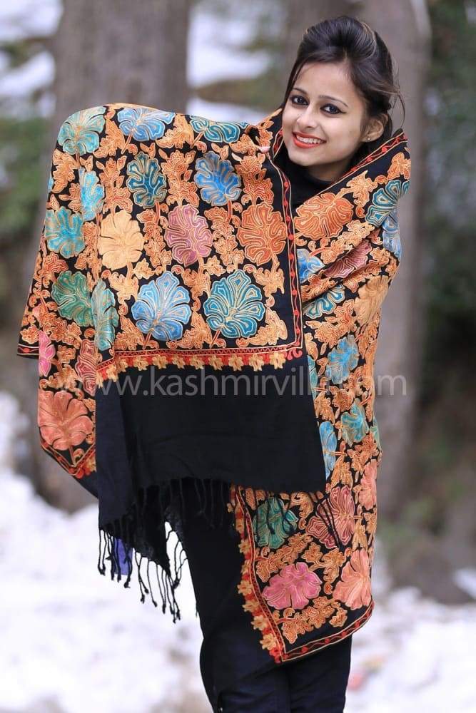 Elegant Black Kashmiri Aari Work Designer Stole Enriched