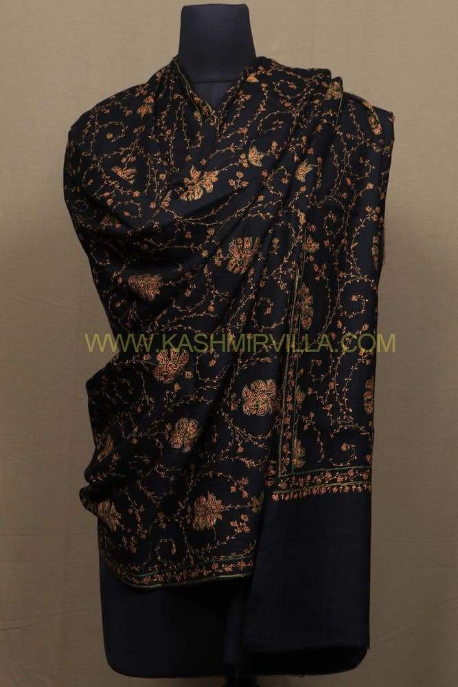 Evergreen Black Colour Sozni Work Shawl With OverAll Jaal
