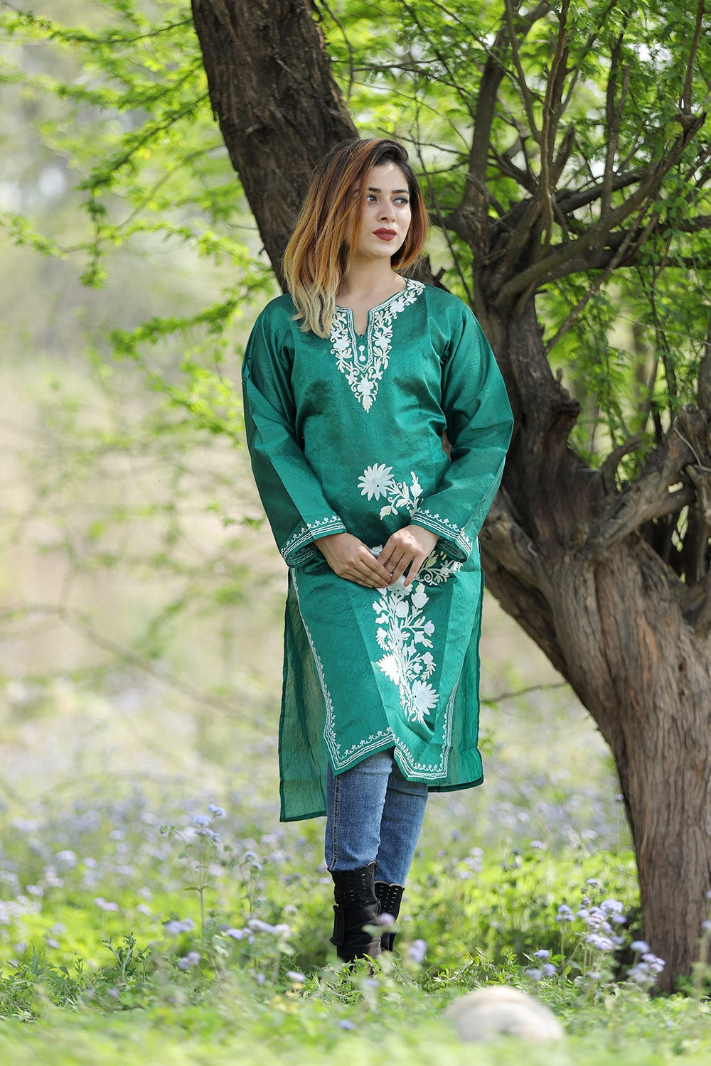 Exotic Bottle Green Colour Rayon Silk Kurti With Beautiful