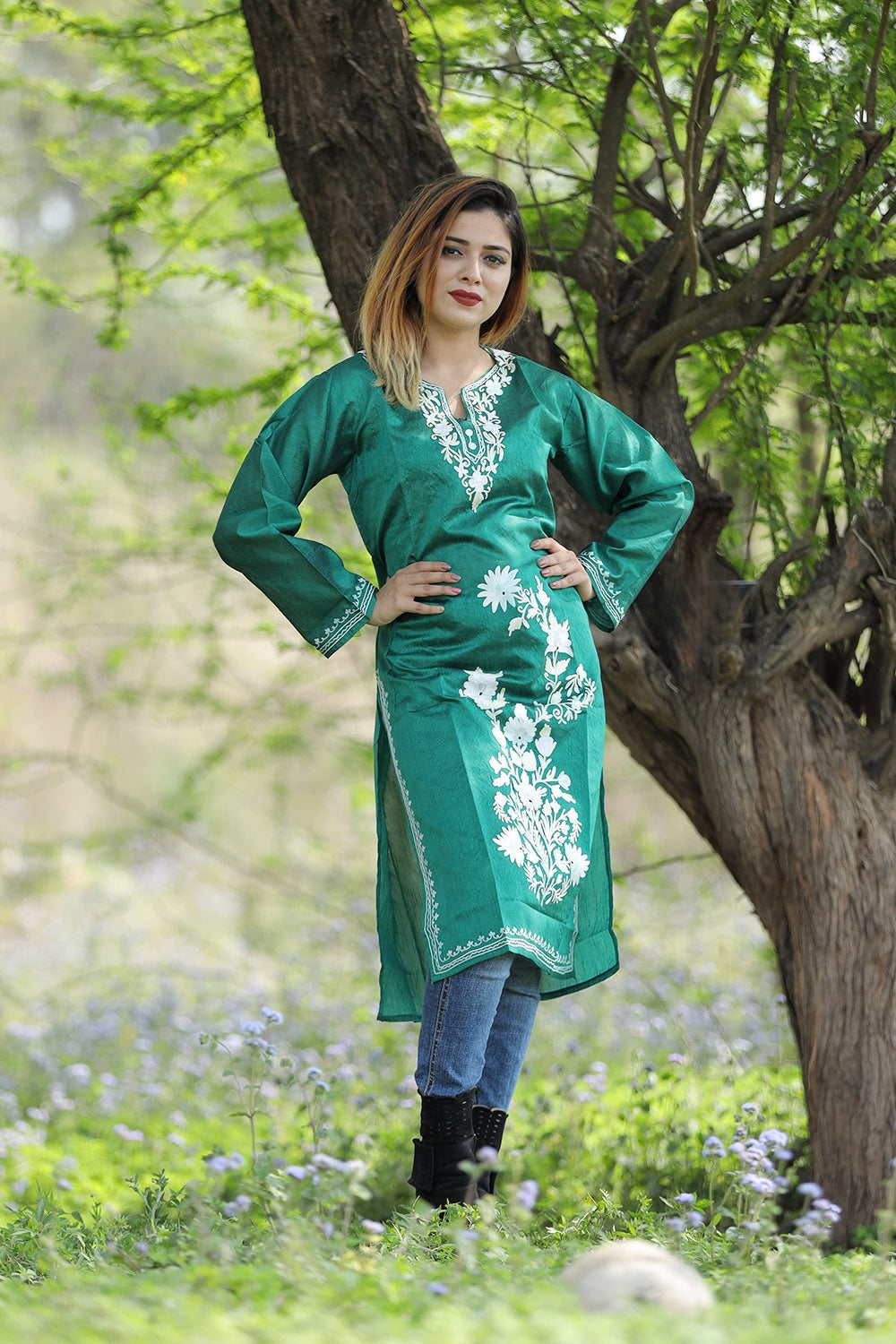 Exotic Bottle Green Colour Rayon Silk Kurti With Beautiful