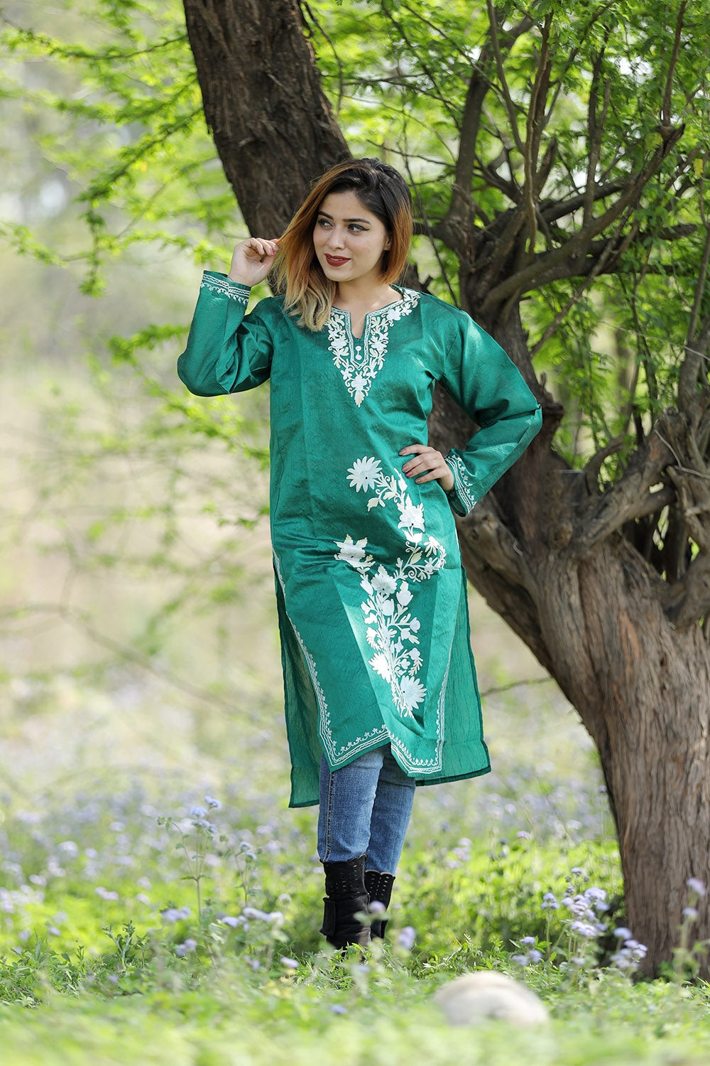 Exotic Bottle Green Colour Rayon Silk Kurti With Beautiful