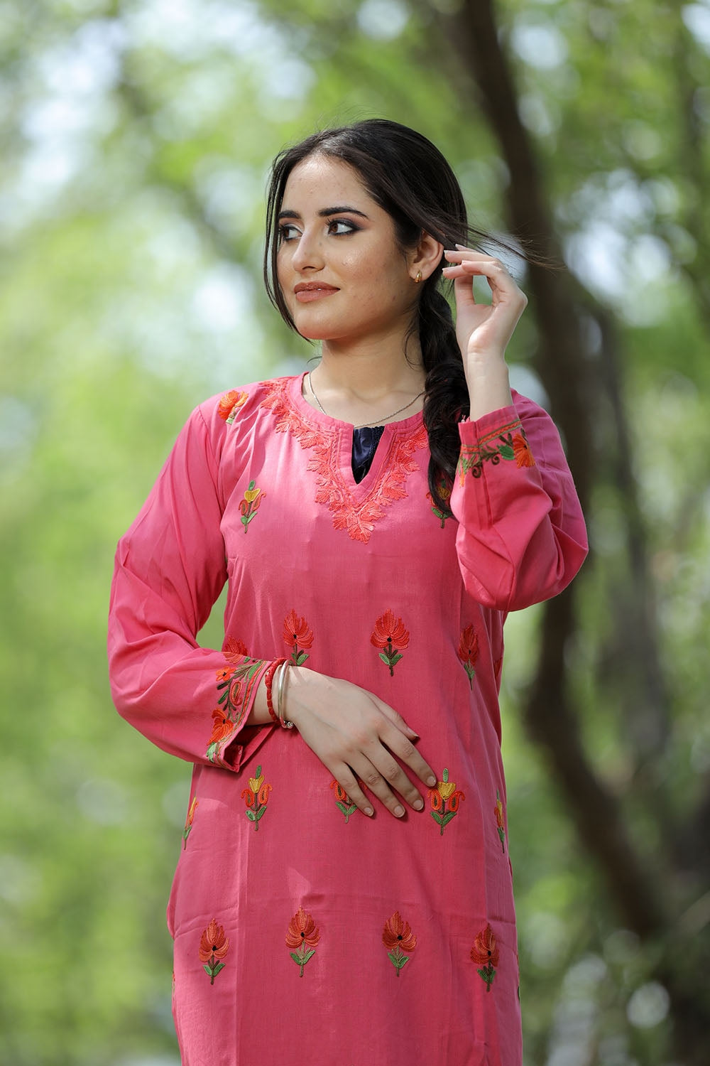 Exotic Carrot Pink Colour Cotton Kurti With Kashmiri Motifs