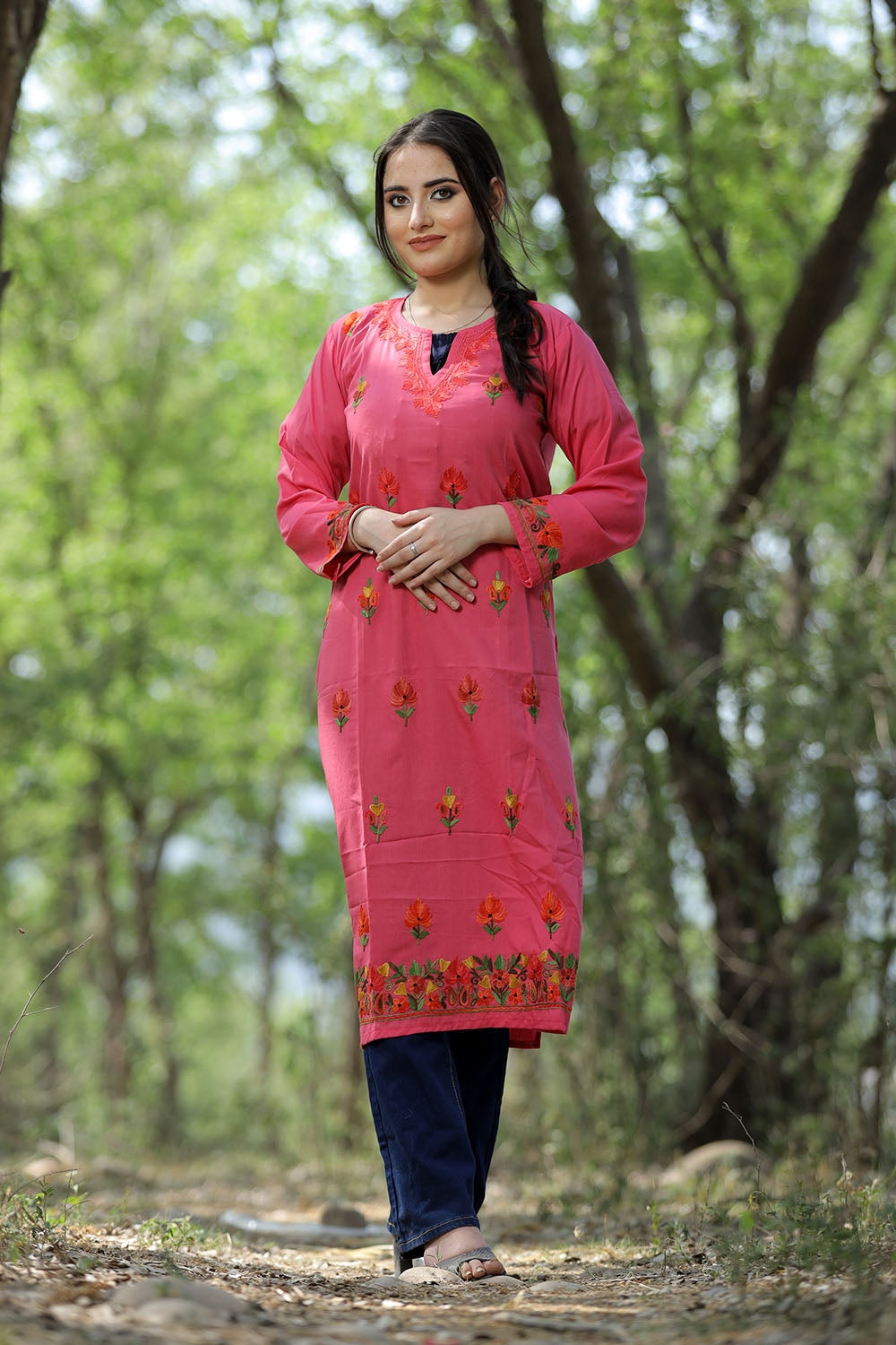 Exotic Carrot Pink Colour Cotton Kurti With Kashmiri Motifs