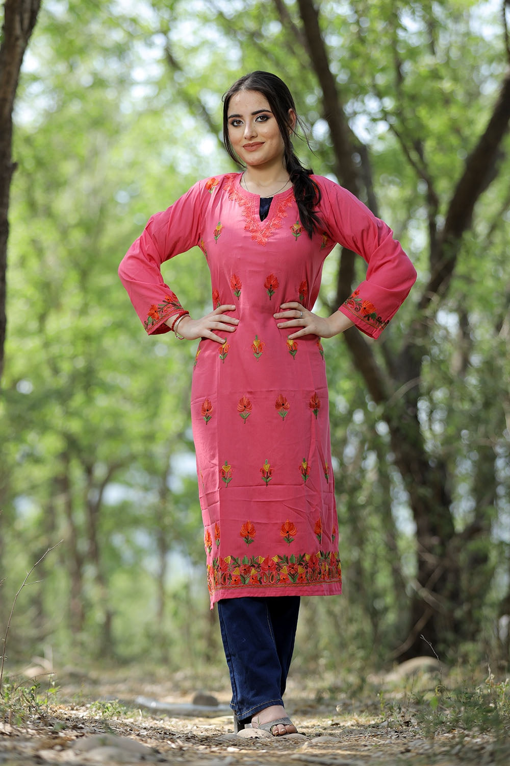 Exotic Carrot Pink Colour Cotton Kurti With Kashmiri Motifs