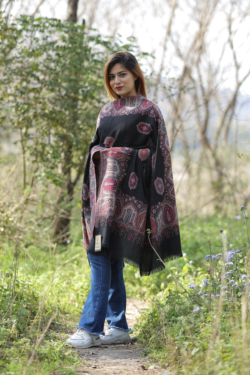 Exotic Charcoal Black Colour Shawl With Flower Pattern