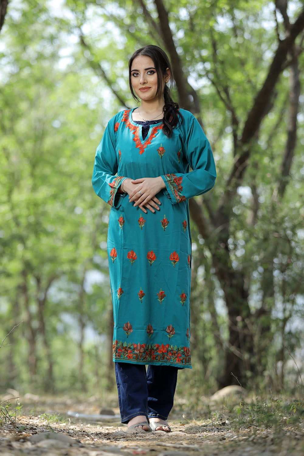 Exotic Green Colour Cotton Kurti With Kashmiri Motifs