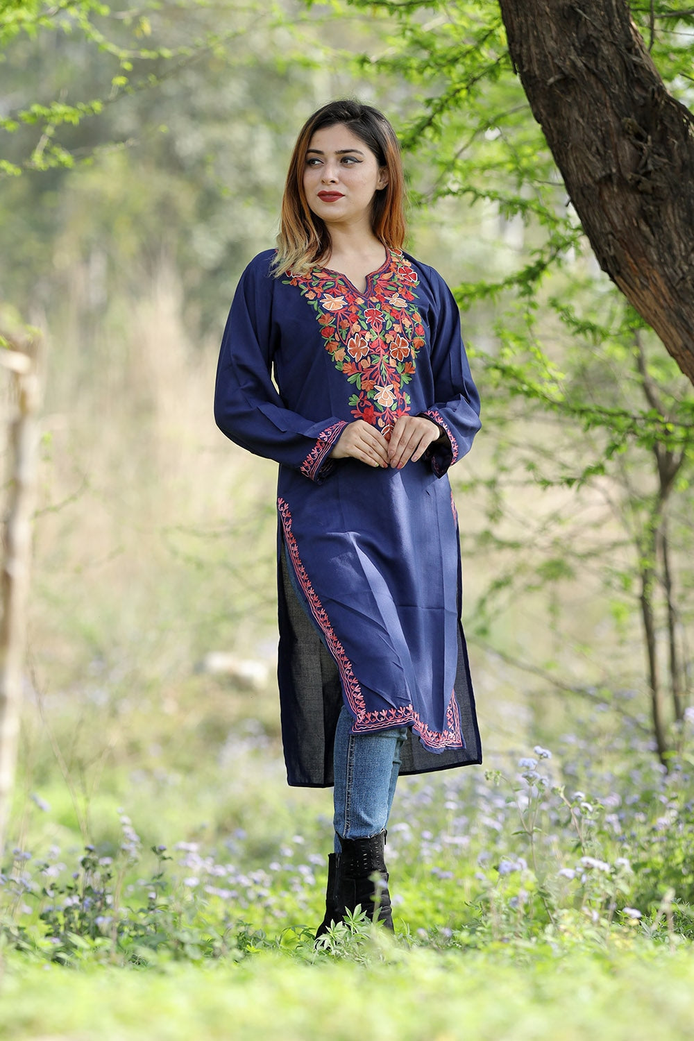 Exotic Navy Blue Colour Cotton Kurti With Beautiful Aari