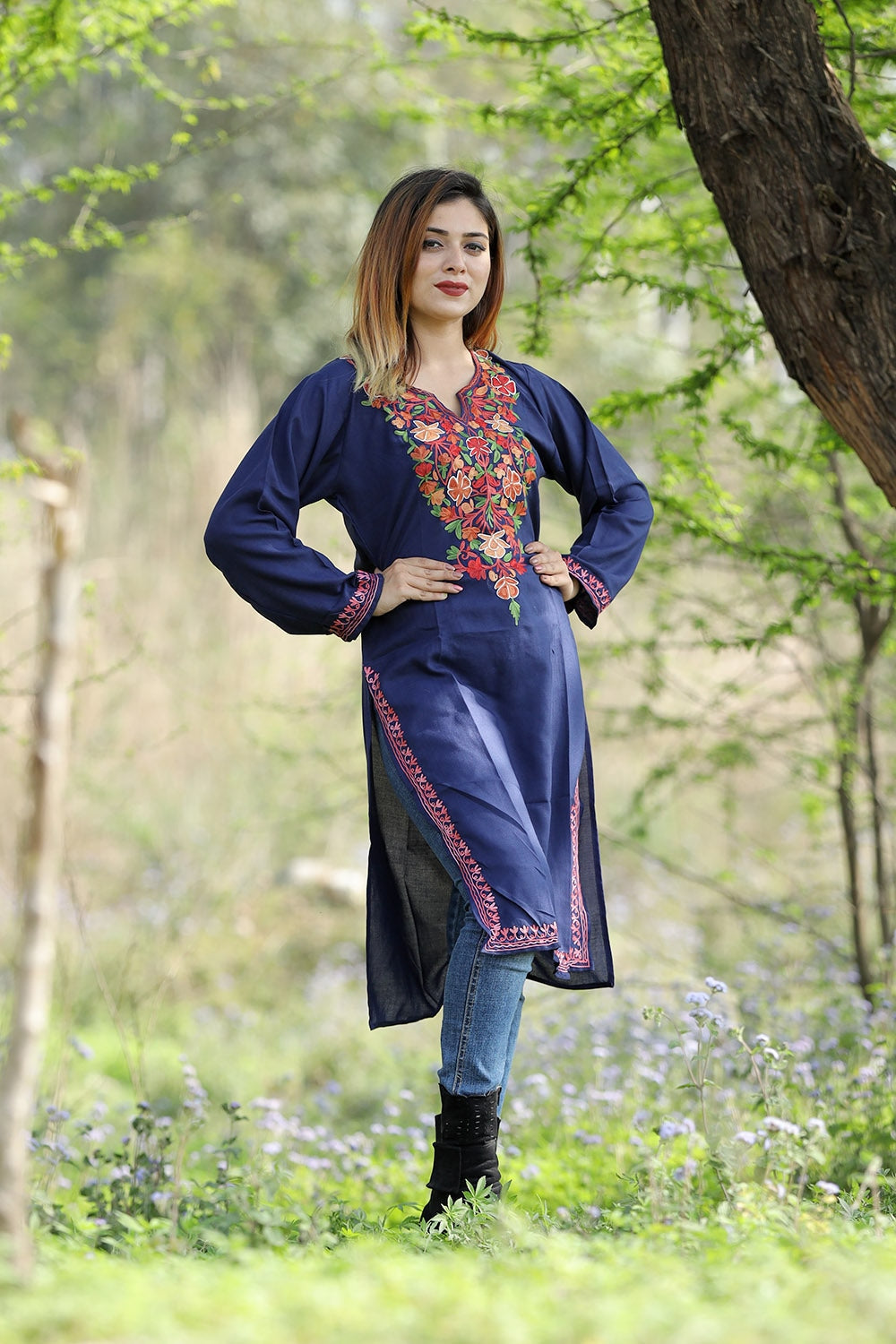 Exotic Navy Blue Colour Cotton Kurti With Beautiful Aari