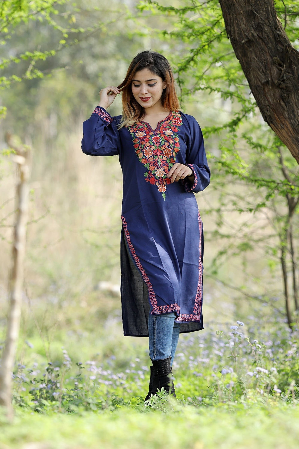 Exotic Navy Blue Colour Cotton Kurti With Beautiful Aari