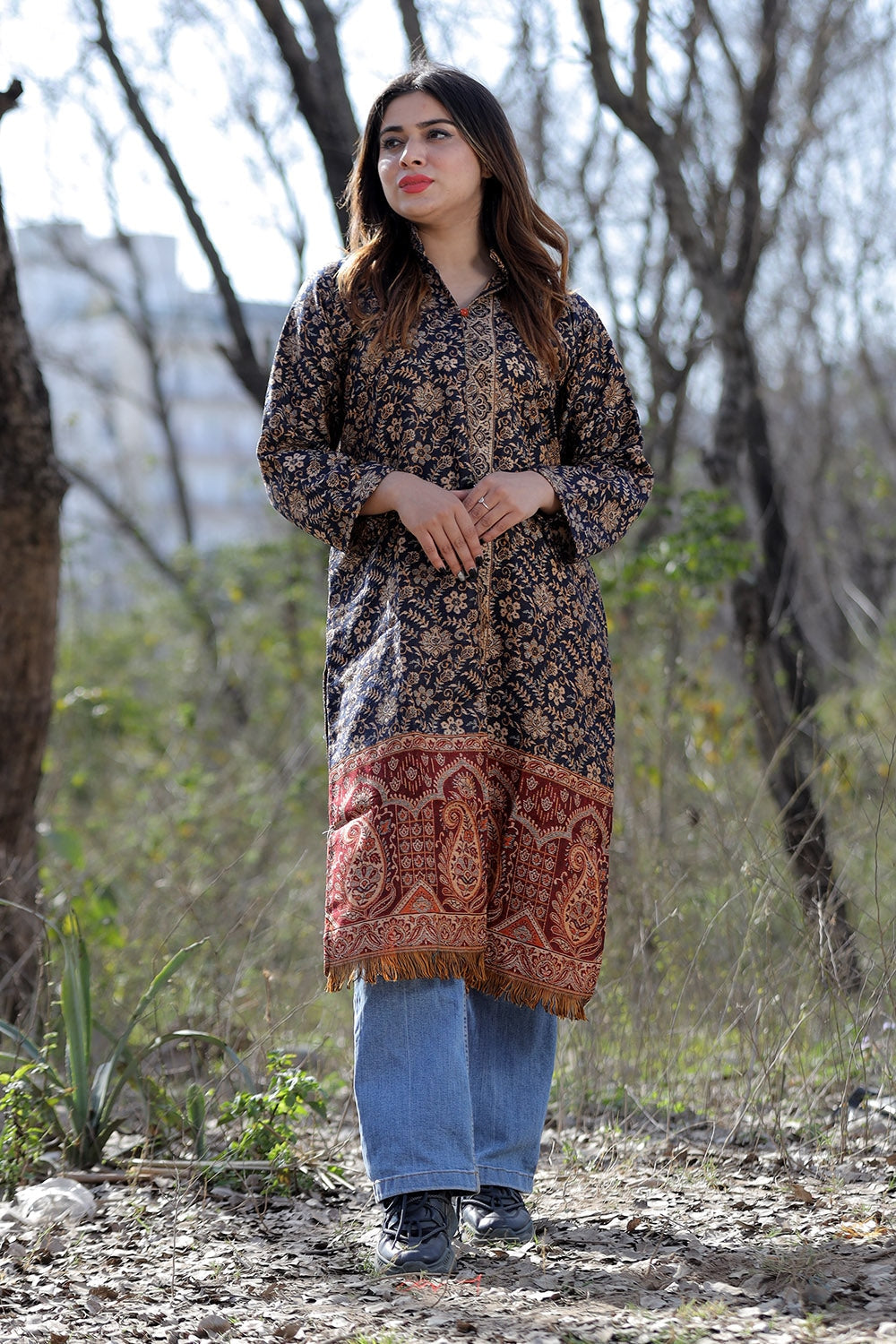 Exotic Navy Blue Color Kashmiri Woven Sherwani Kurti