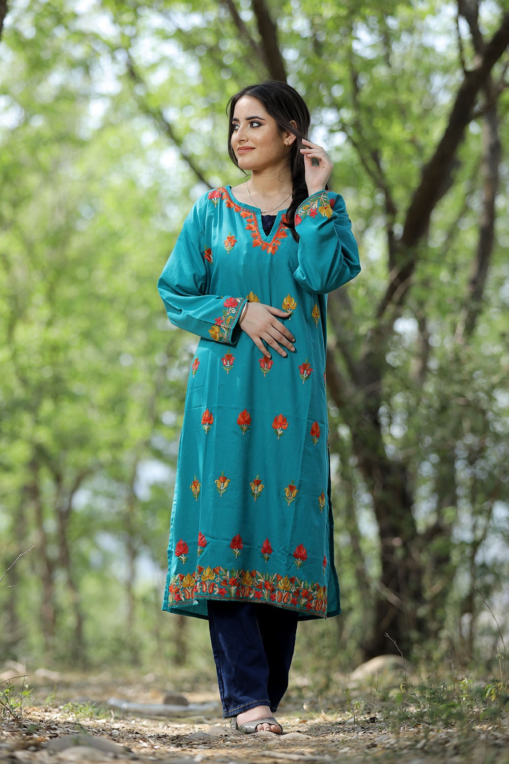 Exotic Turquise Green Colour Cotton Kurti With Kashmiri