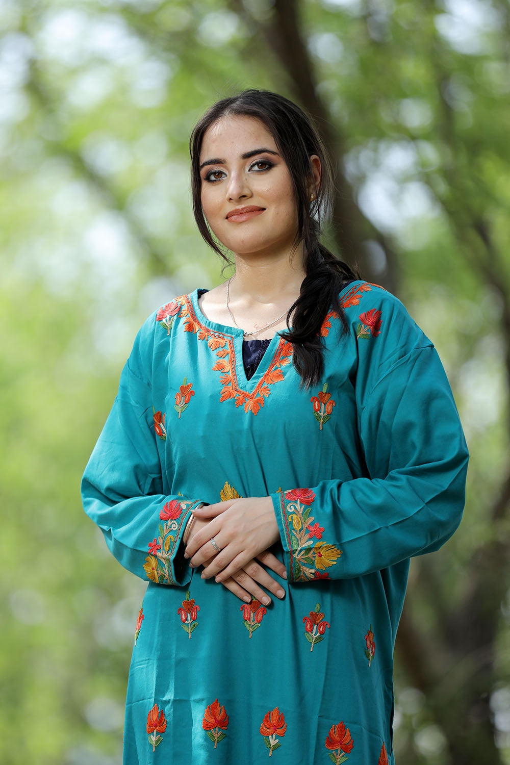 Exotic Turquise Green Colour Cotton Kurti With Kashmiri